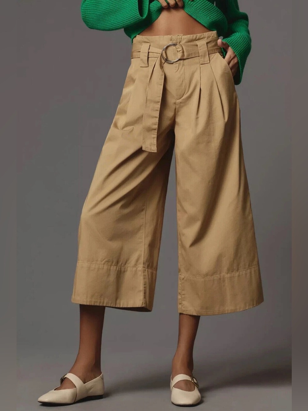 Maeve High-Waist Wide Leg Crop Pants with Belt - Tan NWT